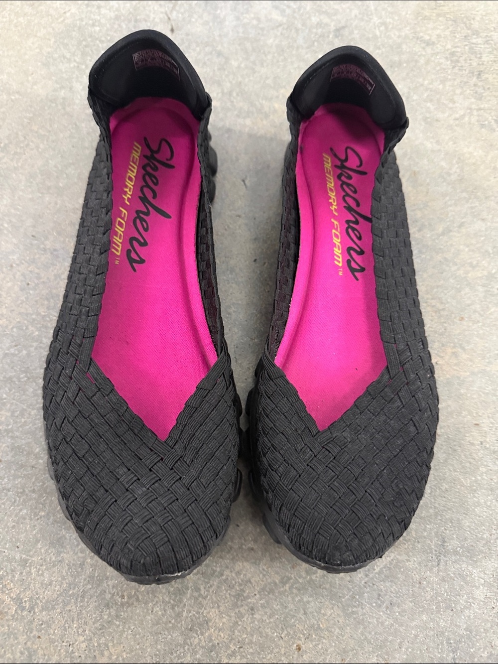 Skechers Black Woven Slip-On Flats with Pink Memory Foam Insole